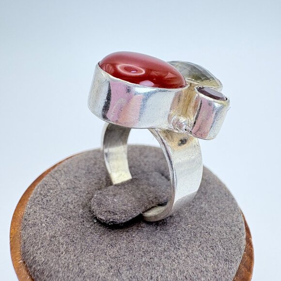 VTG Sterling Silver 925 Multi-Gemstone Bezel Set Statement Ring Size 7 - Picture 2 of 9